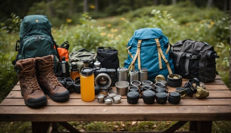 Outdoor adventure gear and equipment including hiking boots, backpacks, camera with multiple lenses, and water bottle, displayed on a wooden table in a forest setting.